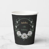 Gobelets En Papier fleurs blanches romantiques & feuilles vertes noir (Verso)
