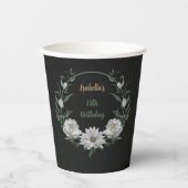 Gobelets En Papier fleurs blanches romantiques & feuilles vertes noir (Recto)