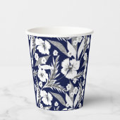 Gobelets En Papier Fleurs blanches sur fond bleu.  (Recto)