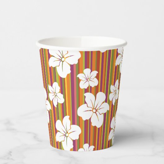 Gobelets En Papier Fleurs blanches sur un arrière - plan rayé (Gauche)