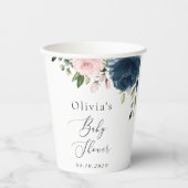 Gobelets En Papier Fleurs Bleues Marine, Fleurs Roses, Baby shower (Recto)