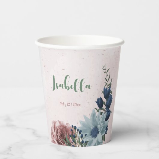 Gobelets En Papier Fleurs bleues roses romantiques verdure  (Verso)