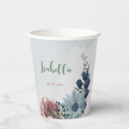 Gobelets En Papier Fleurs bleues roses romantiques verdure (Recto)