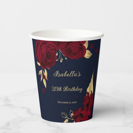 Gobelets En Papier fleurs bordeaux feuilles dorées bleu marine (Verso)