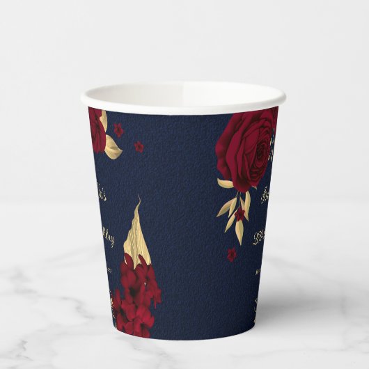 Gobelets En Papier fleurs bordeaux feuilles dorées bleu marine (Gauche)