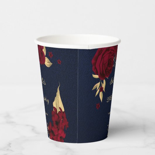 Gobelets En Papier fleurs bordeaux feuilles dorées bleu marine (Droite)