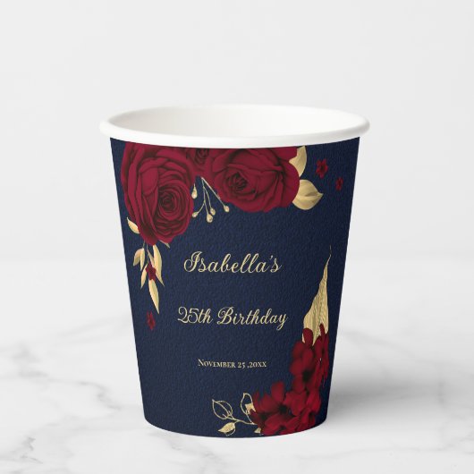 Gobelets En Papier fleurs bordeaux feuilles dorées bleu marine (Recto)