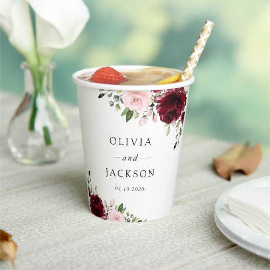 Gobelets En Papier Fleurs Bourgogne, Fleurs roses, Verdure, Mariage (Insitu)