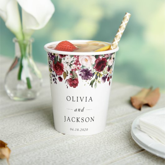 Gobelets En Papier Fleurs Bourgogne, Fleurs roses, Verdure, Mariage (Insitu)