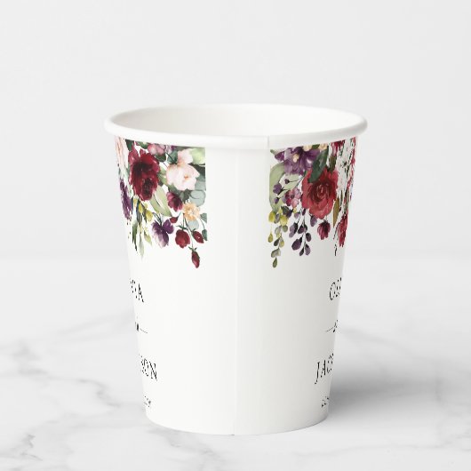 Gobelets En Papier Fleurs Bourgogne, Fleurs roses, Verdure, Mariage (Droite)