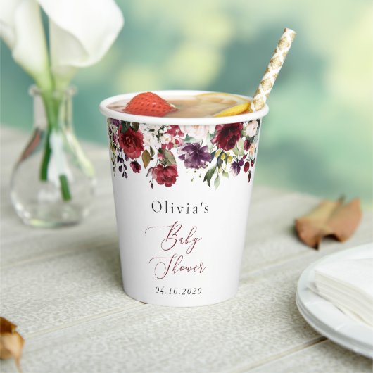 Gobelets En Papier Fleurs Bourgognes, Fleurs Roses, Boho, Baby shower (Insitu)