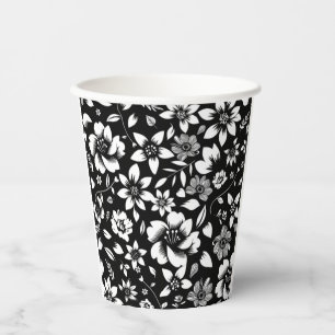 Gobelets En Papier Fleurs de feuilles florales modernes noir blanc qu
