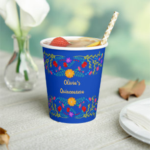 Gobelets En Papier Fleurs de Fiesta Mexicaine Coupes de Papier Bleu R