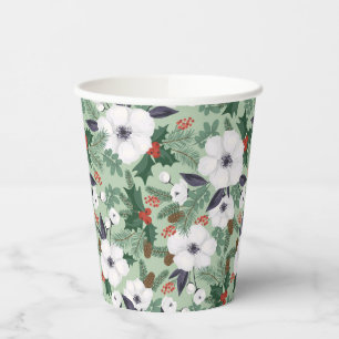 Gobelets En Papier Fleurs de Noël blanches et motif de baies rouges