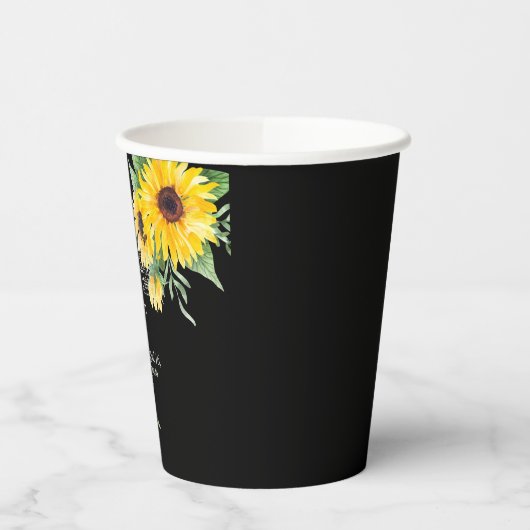 Gobelets En Papier Fleurs de soleil aquarelle sur mariage noir (Gauche)