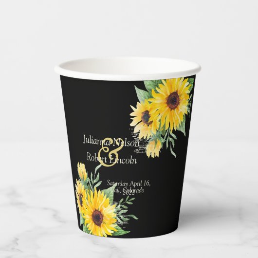 Gobelets En Papier Fleurs de soleil aquarelle sur mariage noir (Recto)