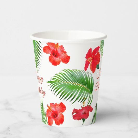 Gobelets En Papier Fleurs d'Hibiscus rouge & Palm Feuilles fête d'ann (Gauche)