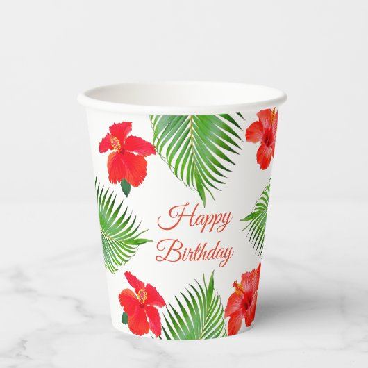 Gobelets En Papier Fleurs d'Hibiscus rouge & Palm Feuilles fête d'ann (Recto)