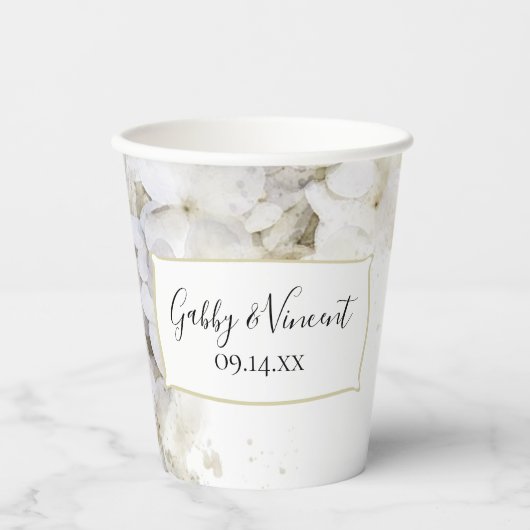 Gobelets En Papier Fleurs d'hortensia blanches aquarelle mariage (Recto)