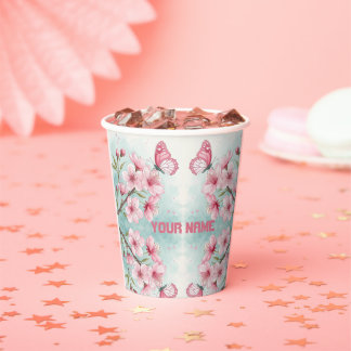 Gobelets En Papier Fleurs élégantes de cerisier rose et papillon
