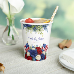 Gobelets En Papier Fleurs et drapeau de mariage du 14 juillet