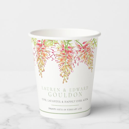 Gobelets En Papier Fleurs Grevillea aquarelle mariage vert blanc (Verso)