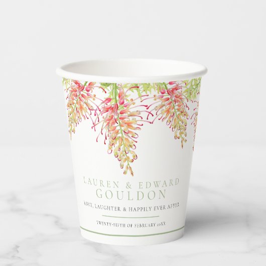 Gobelets En Papier Fleurs Grevillea aquarelle mariage vert blanc (Recto)