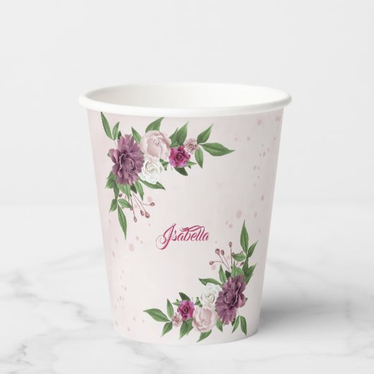 Gobelets En Papier fleurs mauves bordeaux verdure (Recto)