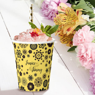Gobelets En Papier Fleurs mignonnes Noms personnalisés Noir & Jaune
