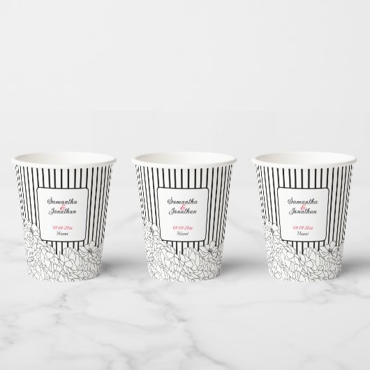 Gobelets En Papier Fleurs noires et blanches avec bandes (Multi)