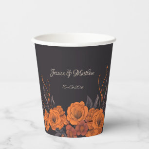 Gobelets En Papier Fleurs Orange Élégant Monogramme Mariage