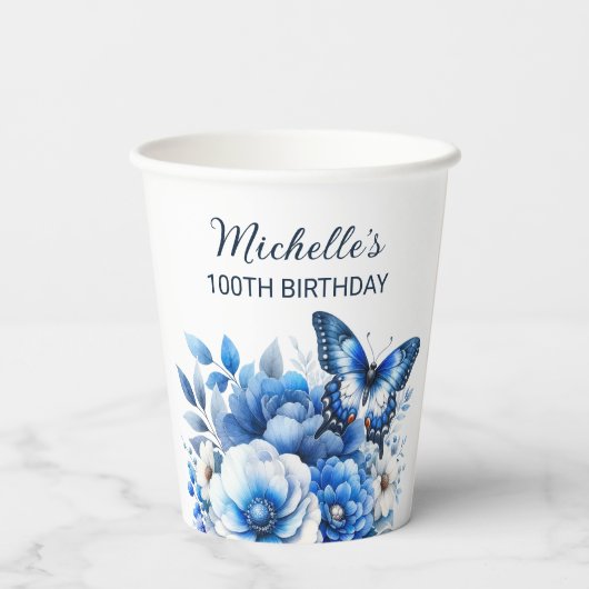 Gobelets En Papier Fleurs papillons bleues Élégant 100e anniversaire (Verso)