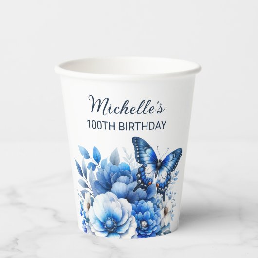 Gobelets En Papier Fleurs papillons bleues Élégant 100e anniversaire (Recto)