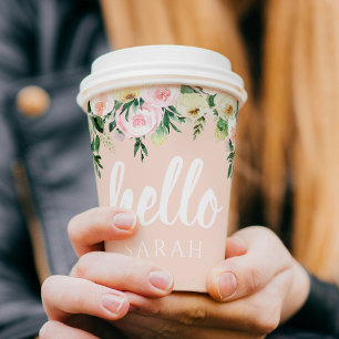 Gobelets En Papier Fleurs Pastel Rose Moderne Bonjour Et Vous Nom