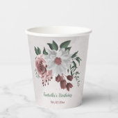 Gobelets En Papier fleurs roses, blanches et cannelle, verdure fête (Recto)