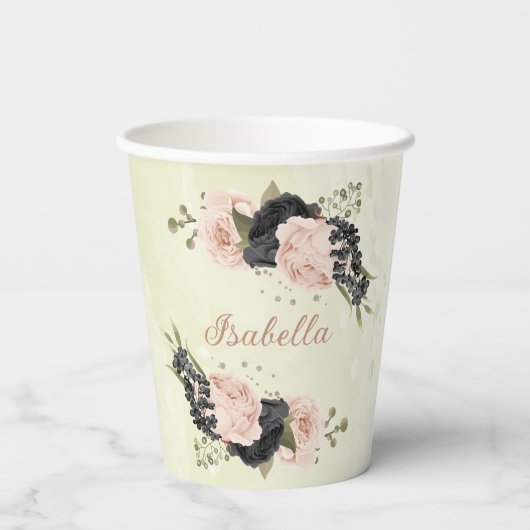 Gobelets En Papier fleurs roses blush noir (Verso)