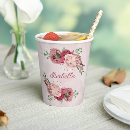 Gobelets En Papier fleurs roses feuilles vertes (Insitu)