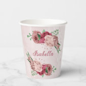 Gobelets En Papier fleurs roses feuilles vertes (Verso)
