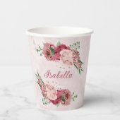 Gobelets En Papier fleurs roses feuilles vertes (Recto)