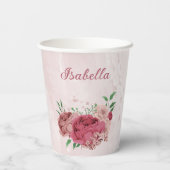 Gobelets En Papier fleurs roses feuilles vertes  (Verso)