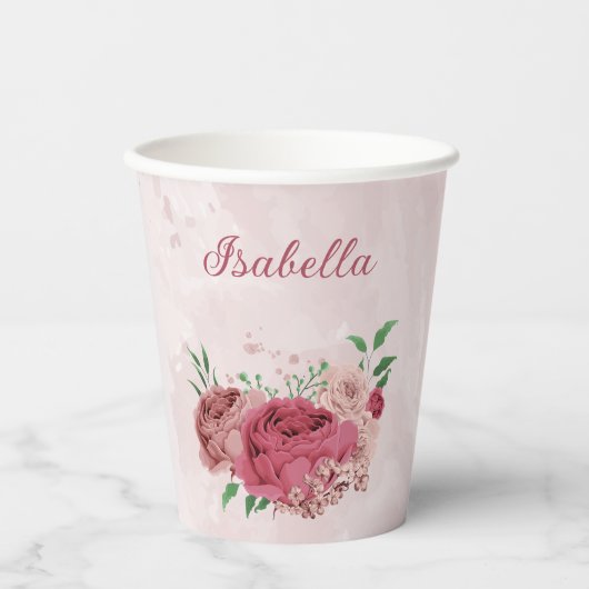 Gobelets En Papier fleurs roses feuilles vertes  (Recto)