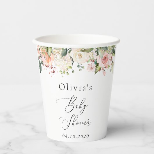 Gobelets En Papier Fleurs roses, Fleurs blanches, Boho, Baby shower (Recto)