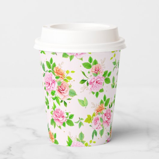 Gobelets En Papier Fleurs Roses florales avec Motif Feuille vert (Verso)