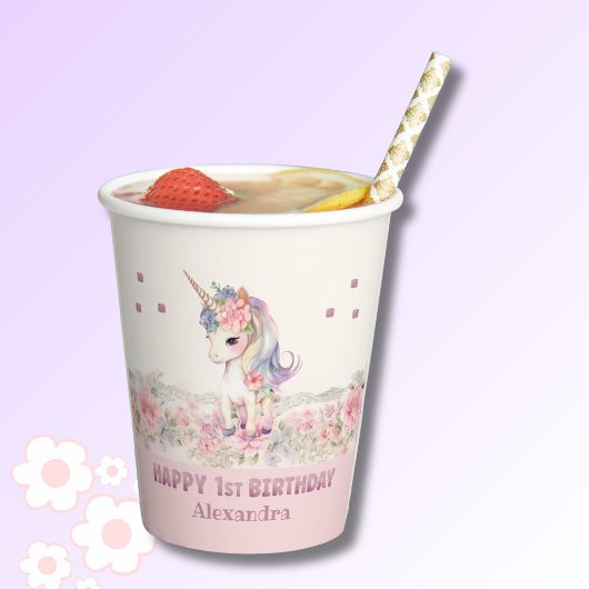 Gobelets En Papier Fleurs roses mignonnes fille Unicorn 1er anniversa