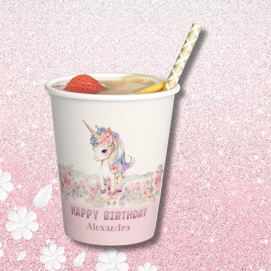 Gobelets En Papier Fleurs roses mignonnes Fille Unicorne Anniversaire