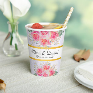 Gobelets En Papier Fleurs Roses Pâles Élégantes Aquarelle Mariage