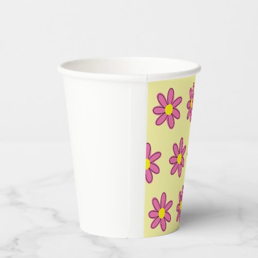 Gobelets En Papier Fleurs roses sur tasses de papier jaune (Droite)