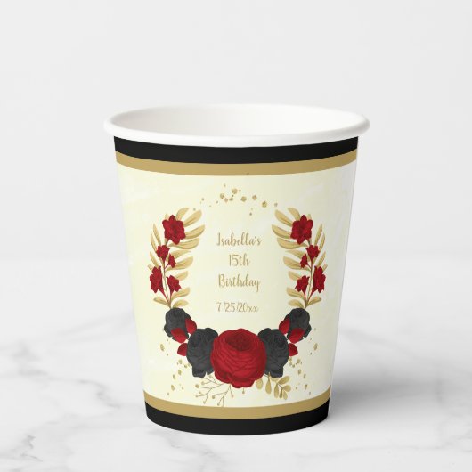 Gobelets En Papier fleurs rouges et noires or couronne botanique (Verso)