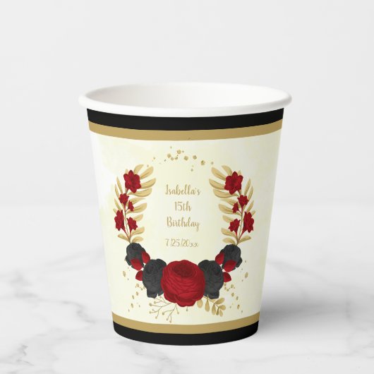 Gobelets En Papier fleurs rouges et noires or couronne botanique (Recto)