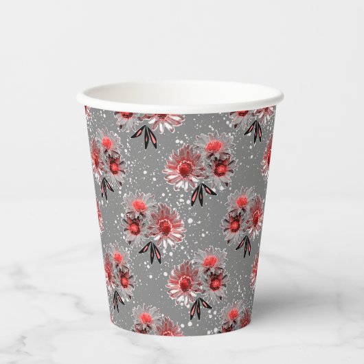Gobelets En Papier Fleurs rouges sur gris (Recto)